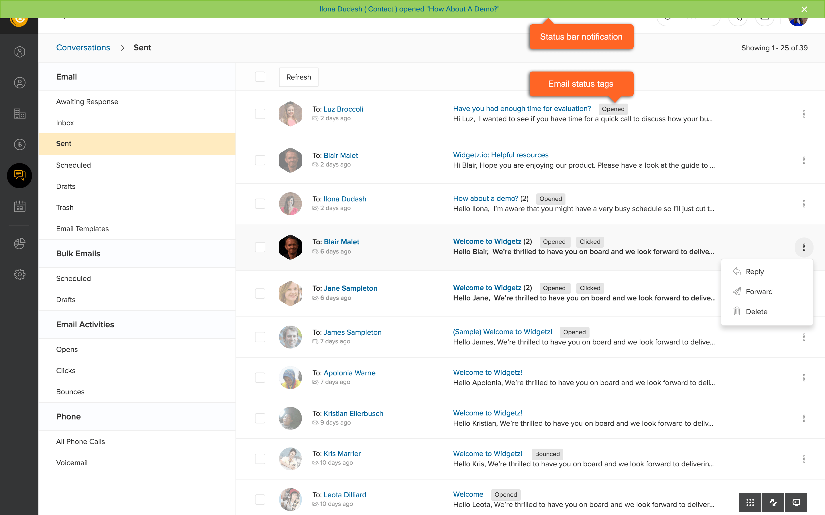 CRM email tracking dashboard showing sent emails with open, click, and bounce status tags, real-time email notifications, and email activity management for sales follow-ups.